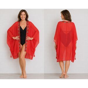 BluHeaven M/L Coral Kimono Sleeve Gauze Cover-Up Boho Cape Cruise Wear NWT